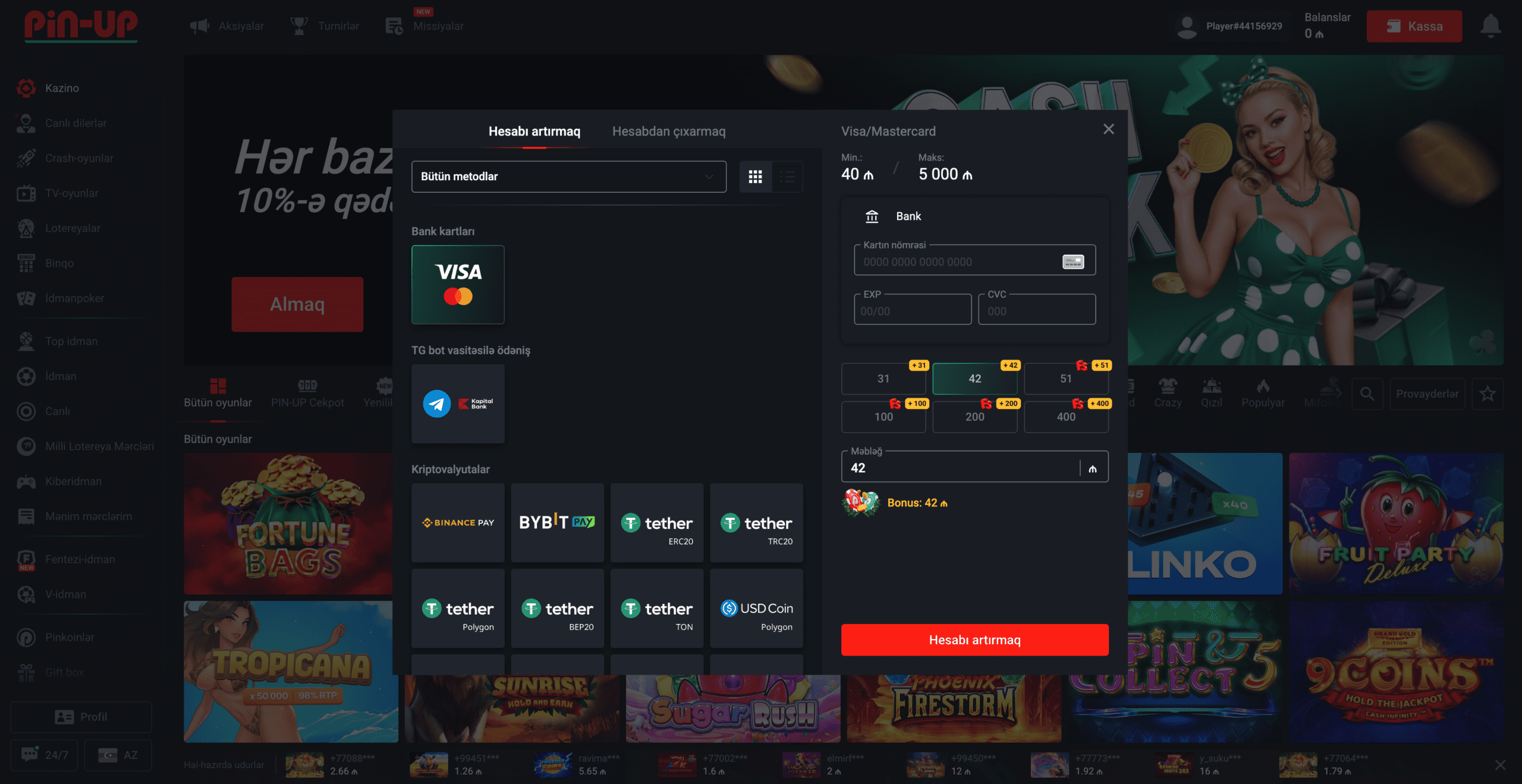 Ödəniş metodları və emal müddətləri Pin Up casino