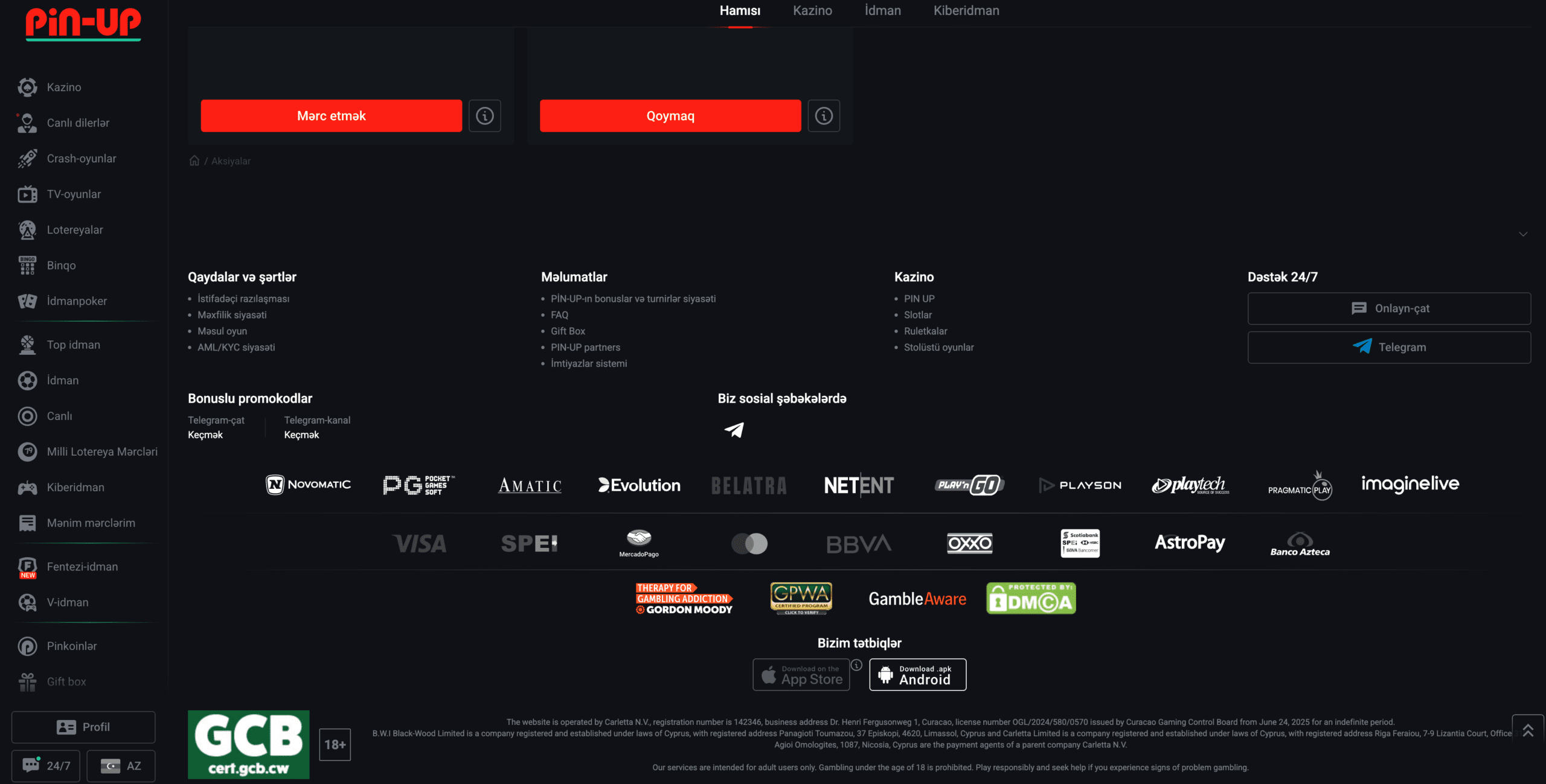 Pin Up kazino promokod aktivləşdirmə paneli