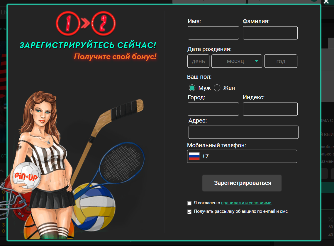 Pin Up Bet тіркелу формасы