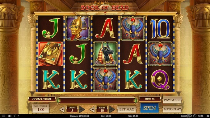 Main screen of the Book of Dead slot on the Pokerdom platform with reels and Egyptian symbols