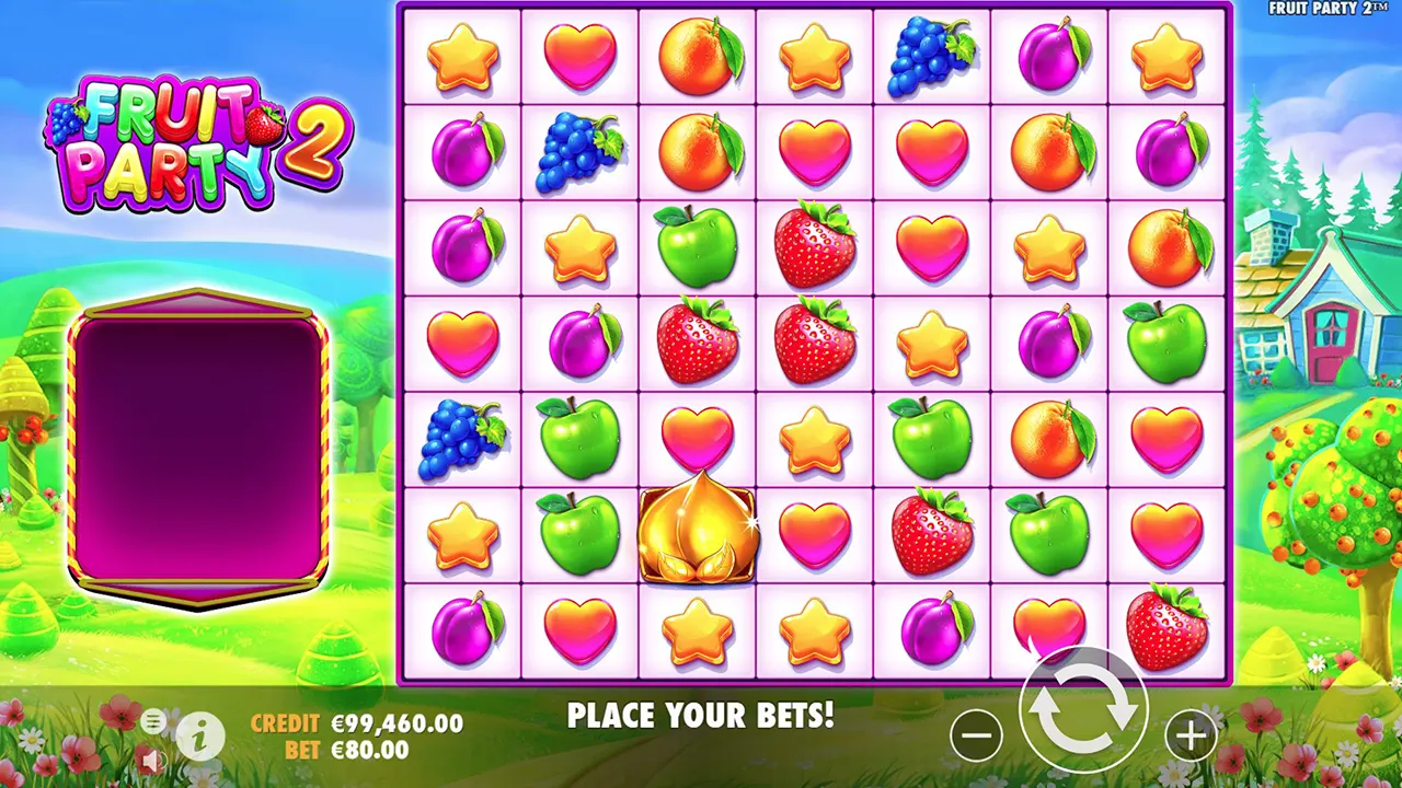 Pin-Up казиносындағы Fruit Party 2 слотының каскадтық ұтыстары бар ойын процесі