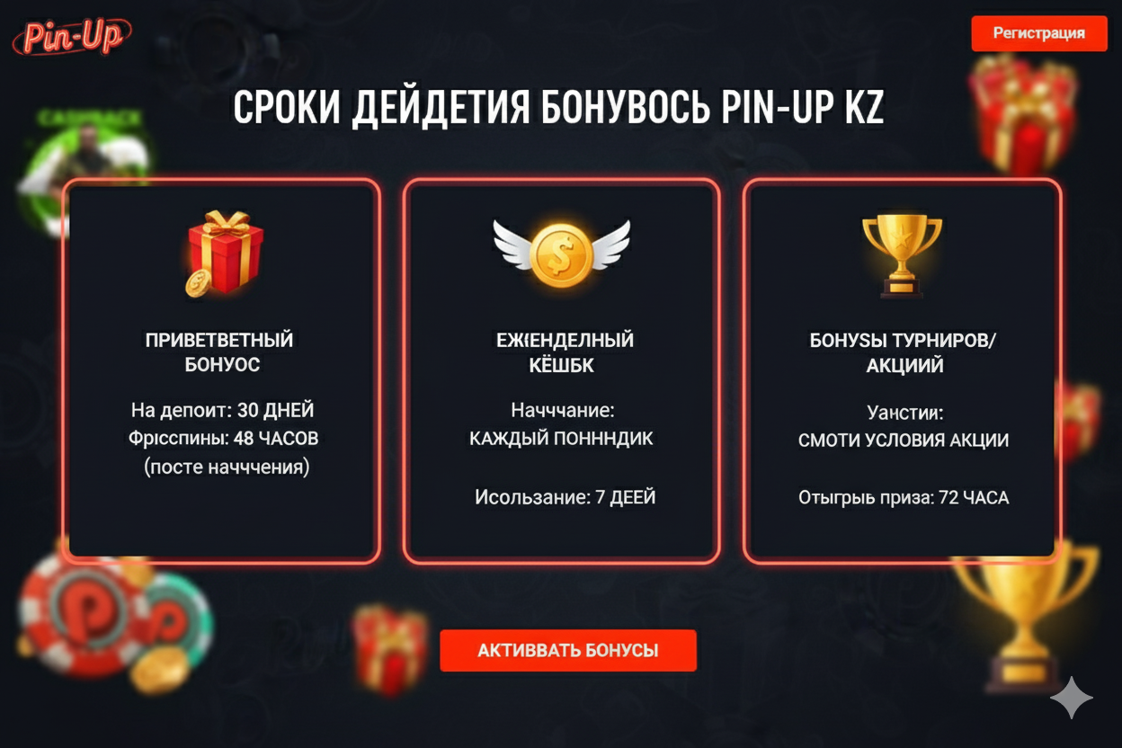 Қазақстандағы әртүрлі pin up бонустары түрлерінің әрекет ету мерзімдерінің инфографикасы