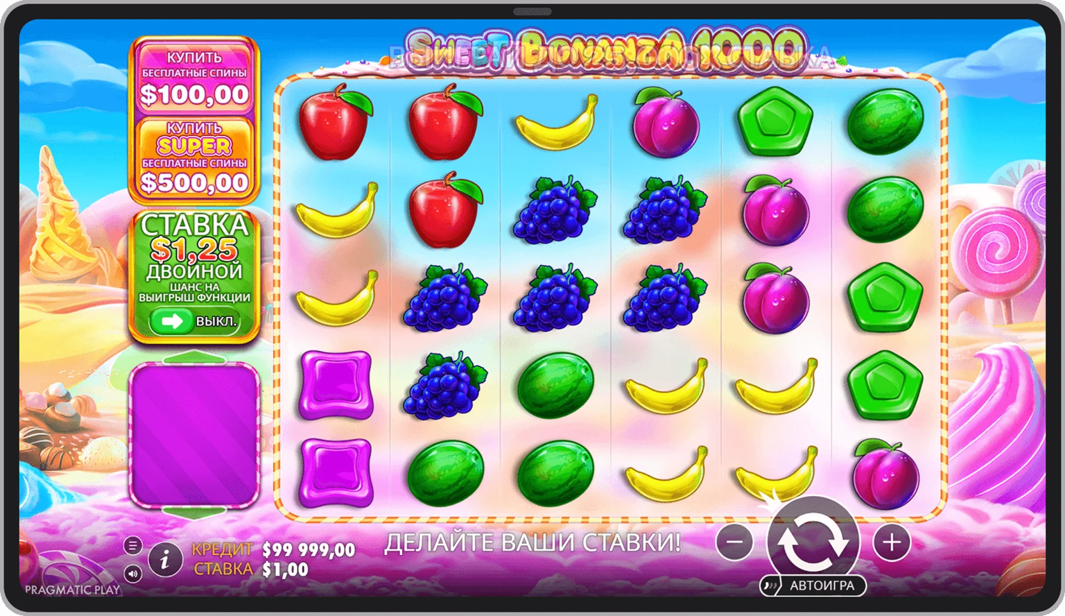 Pin-Up казиносында Diamond Sweet Bonanza 1000 ойынының барабандары және ашық жемістері бар интерфейсі