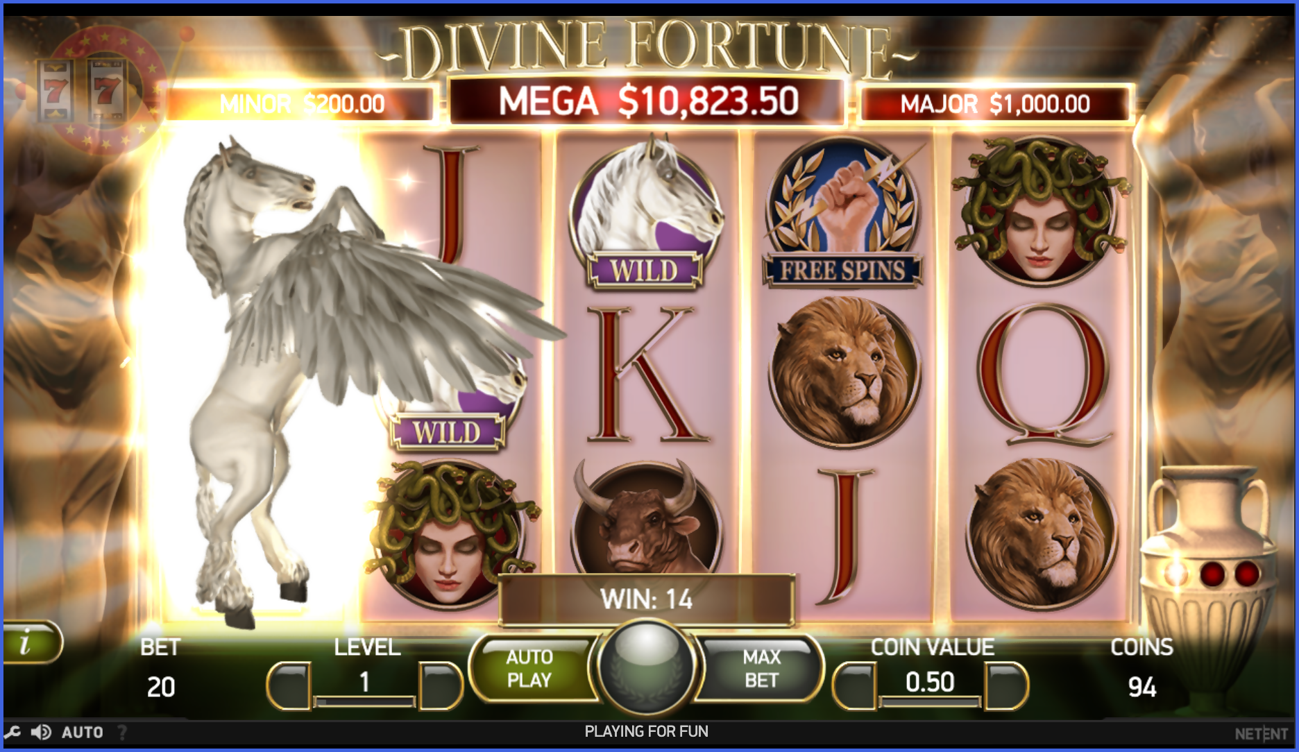 Алтын монеталар және джекпот таңбалары бар Divine Fortune бонустық ойыны