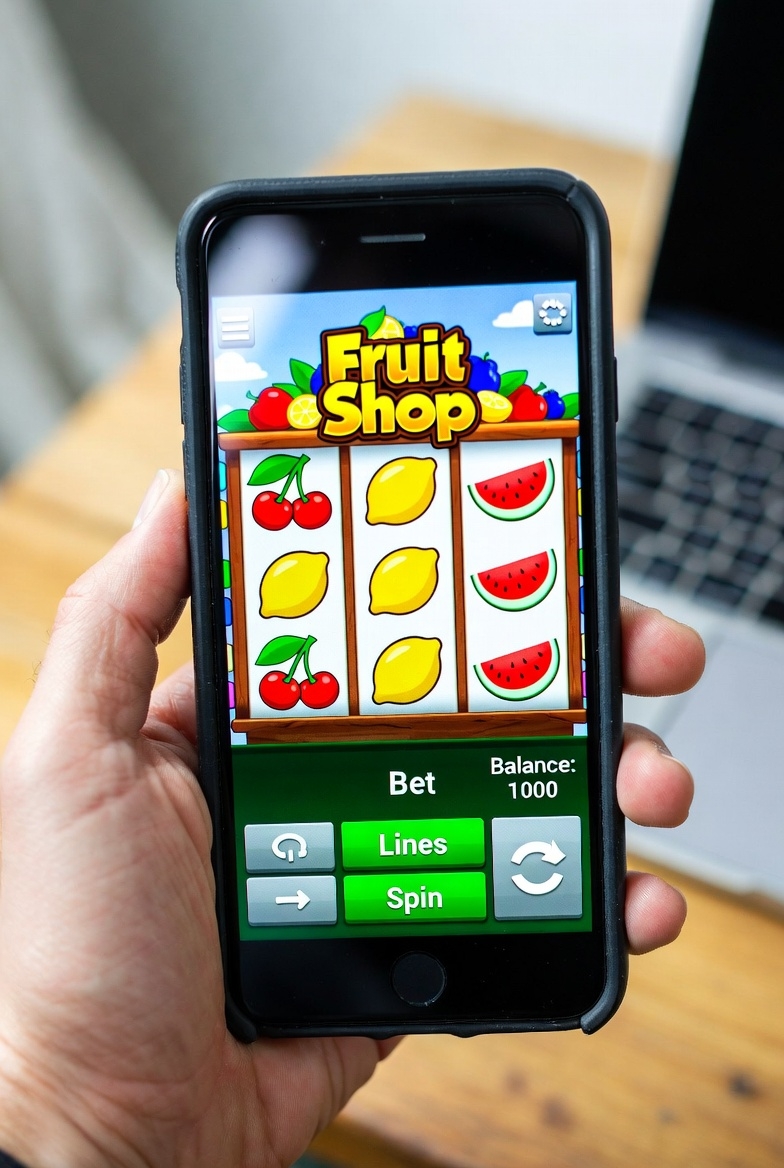 Смартфондағы Pin-Up қосымшасындағы Fruit Shop слотының мобильді интерфейсі