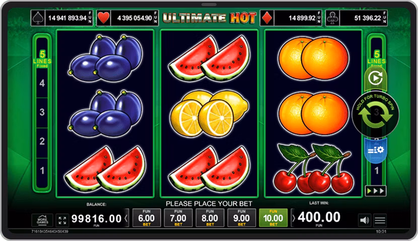 Gamble feature screen in Burning Hot slot with card color selection