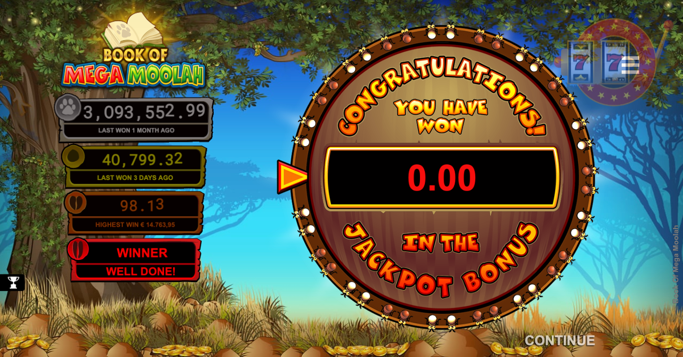 Mega Moolah слотында төрт жүлде деңгейі бар джекпот бонус дөңгелегінің іске қосылуы