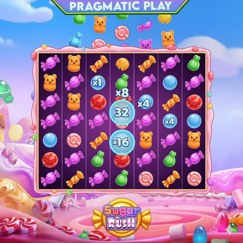 Pin-Up платформасындағы каскадты төлемдері бар Sugar Rush слотының ойын интерфейсі