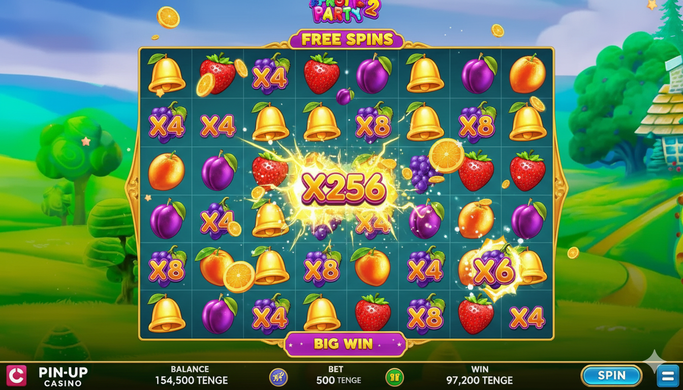 Pin-Up Casino платформасындағы Fruit Party 2 слотындағы мультипликаторлары бар бонустық ойын