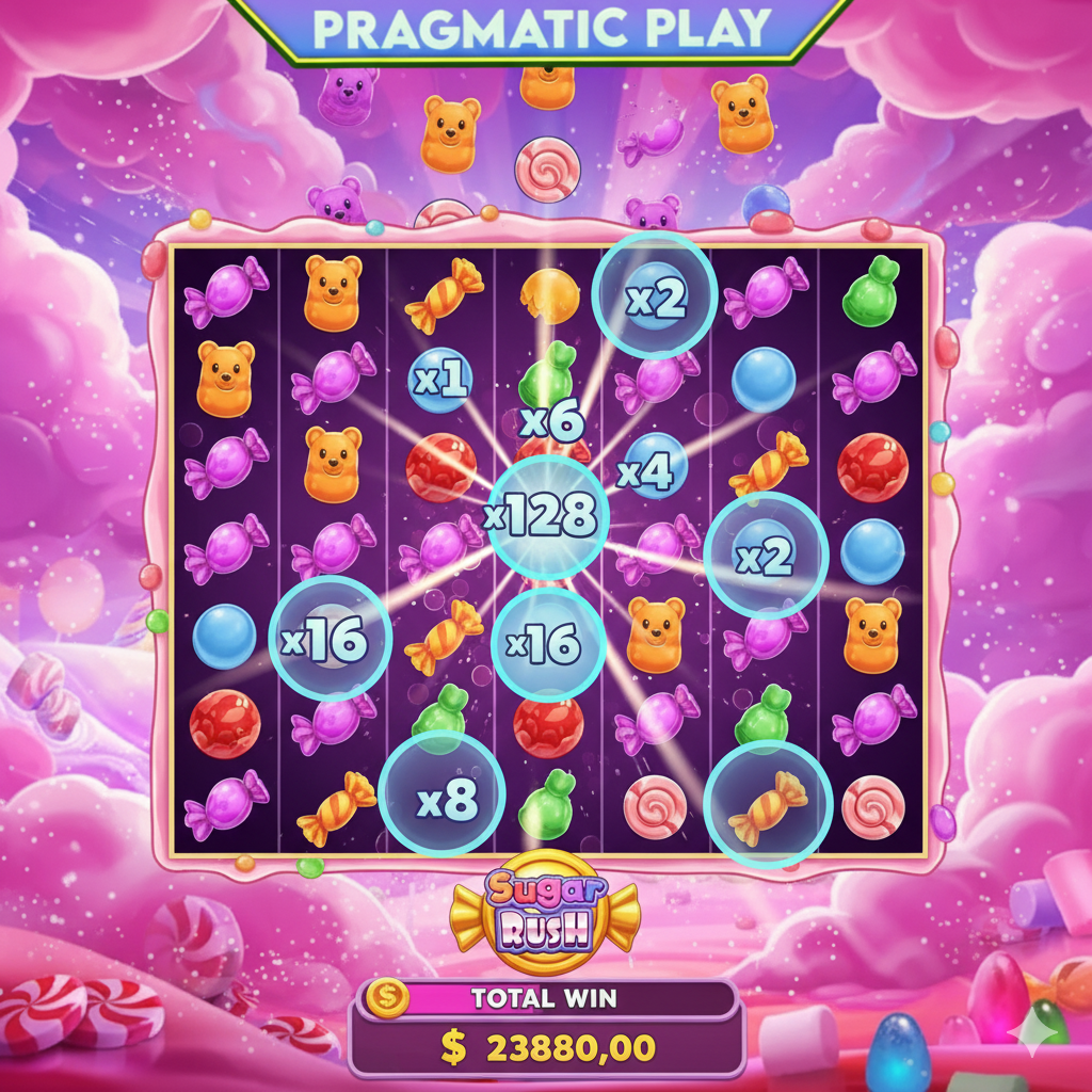 Белсенді көбейткіштері бар Sugar Rush бонустық ойынының экраны