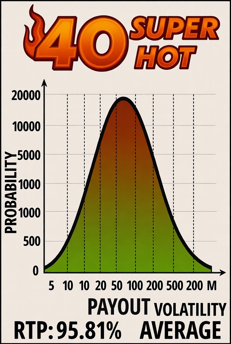 40 Super Hot слотында ұтыстарды бөлу графигі, RTP 95.81% және орташа волатильділік көрсетілген