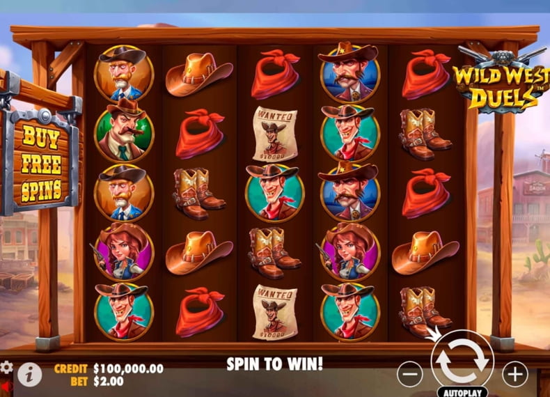 Pin-Up казиносындағы Wild West Duels слотының негізгі экраны ковбой тақырыбымен және барабандармен