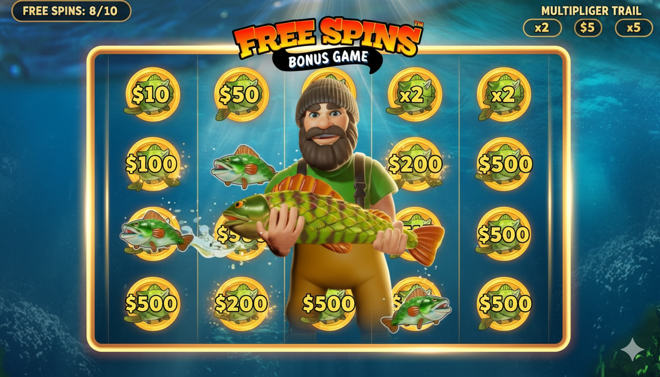 Balıqçı və pul simvolları ilə Big Bass Bonanza slotunda Free Spins bonus raundu