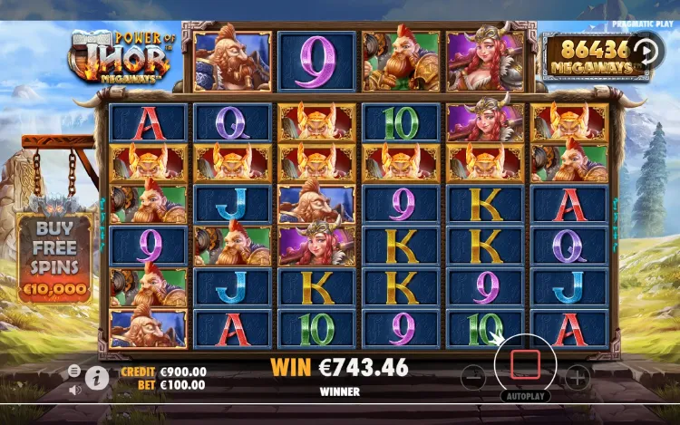 Pin-Up platformasında Power of Thor Megaways slotunun barabanlar və simvollarla oyun interfeysi