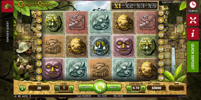 Pin-Up платформасындағы Gonzo's Quest слотының ежелгі өркениеттер символдары және Гонзо кейіпкері бар ойын интерфейсі
