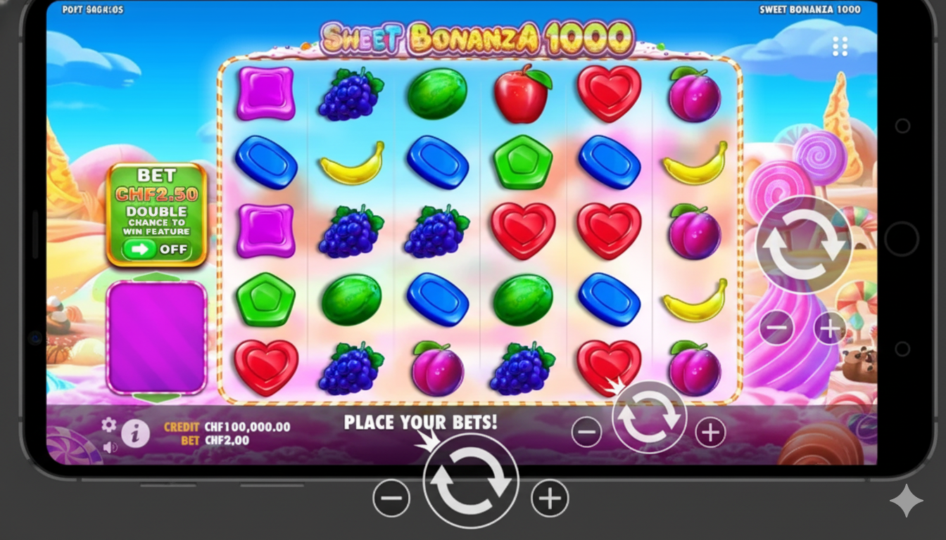 Diamond Sweet Bonanza 1000 мобильді интерфейсі тік және көлденең бағытта
