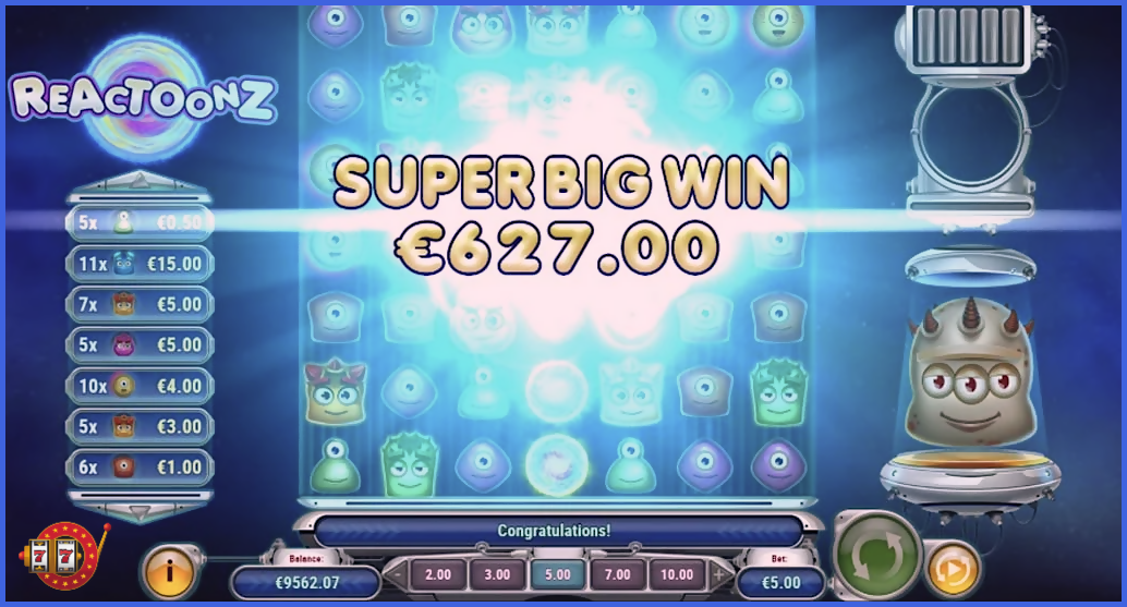 Reactoonz слотындағы гиганттық 3x3 символы бар Gargantoon режимінің белсендірілуі