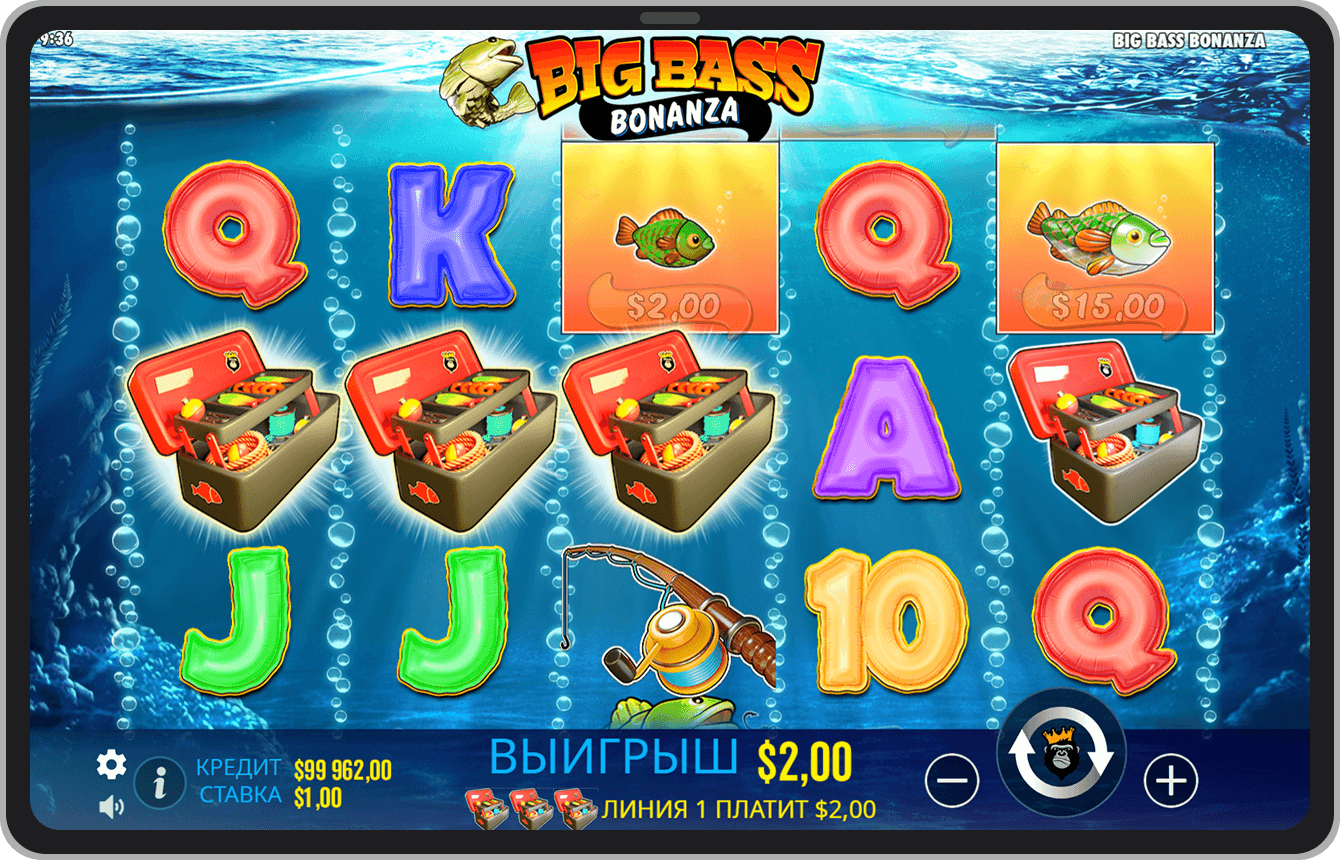 Pin-Up platformasında Big Bass Bonanza oyun slotunun barabanlar və balıqçılıq tematikası ilə interfeysi