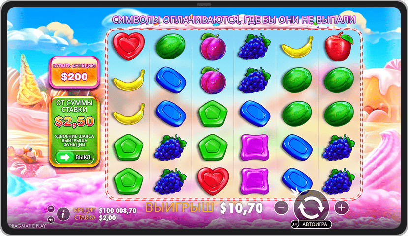 Pin-Up платформасындағы Sweet Bonanza слотының интерфейсі 6x5 ойын алаңымен