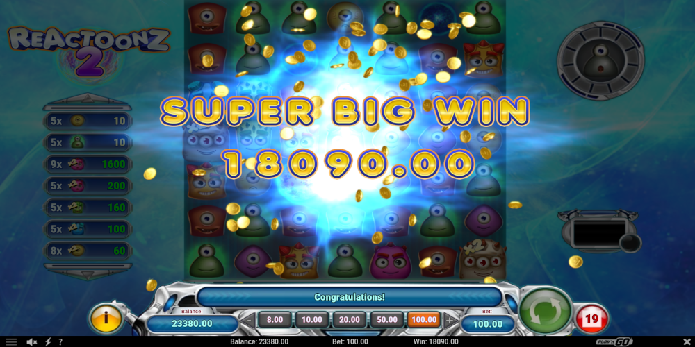 Каскадты символдармен және Wild-мультипликаторларымен Reactoonz 2-дегі ірі ұтыс үлгісі