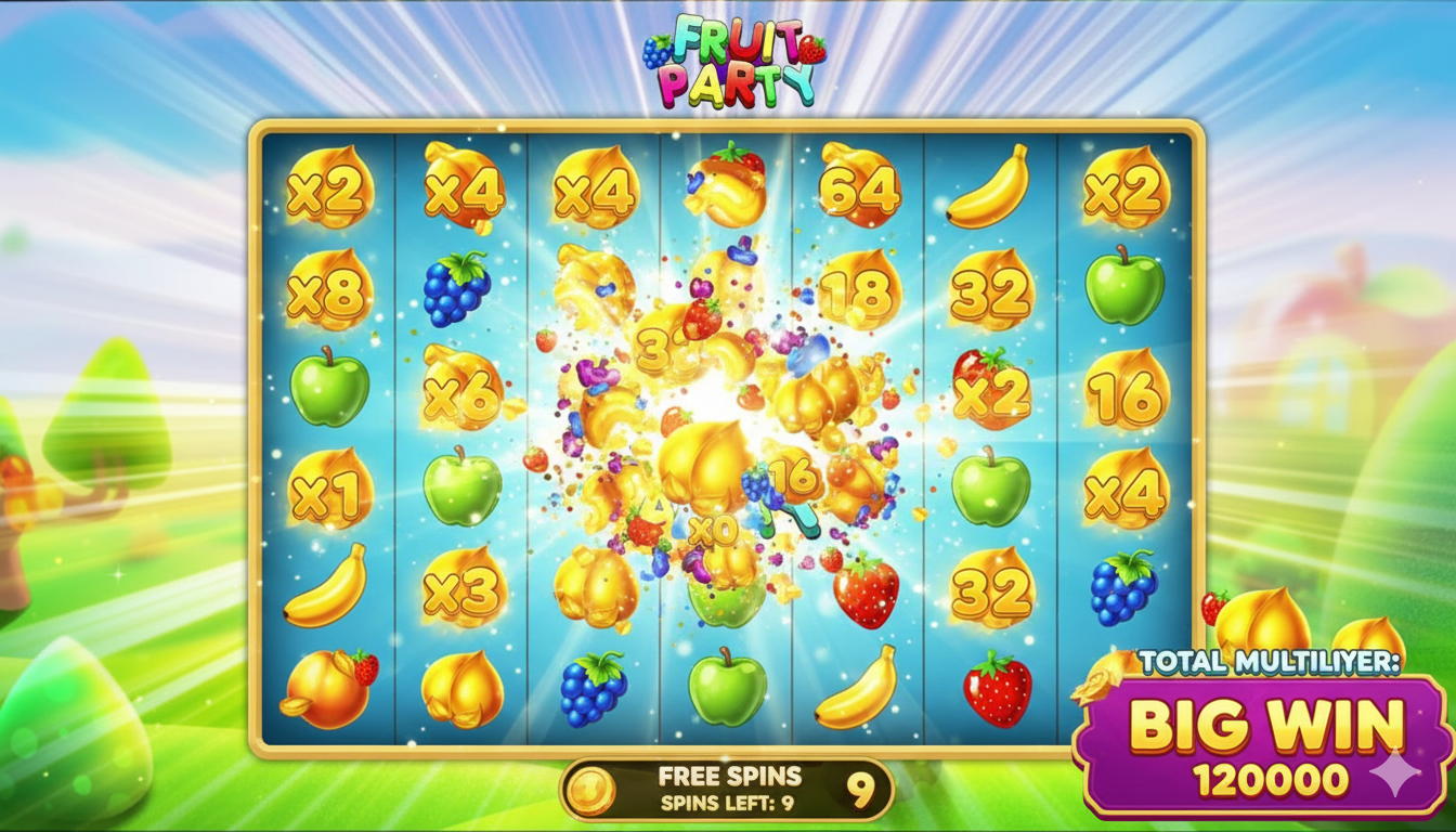 Белсенді мультипликаторлары және ұтыс каскадтары бар Fruit Party бонустық ойыны