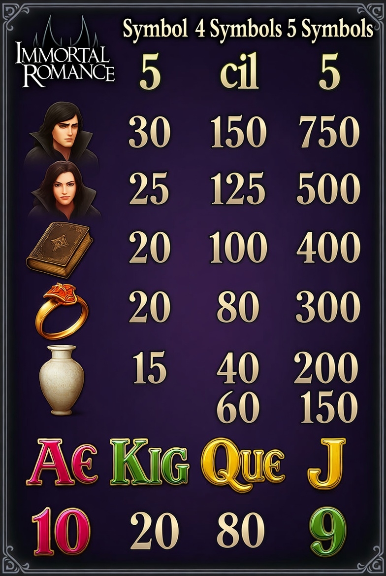 Таблица выплат символов в слоте Immortal Romance от Microgaming