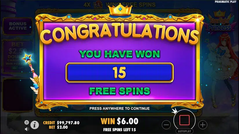 Activation screen for bonus free spins with four scatter symbols at Pin-Up