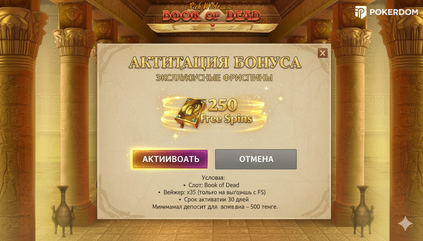 Bonus activation interface on Pokerdom with free spins for Book of Dead