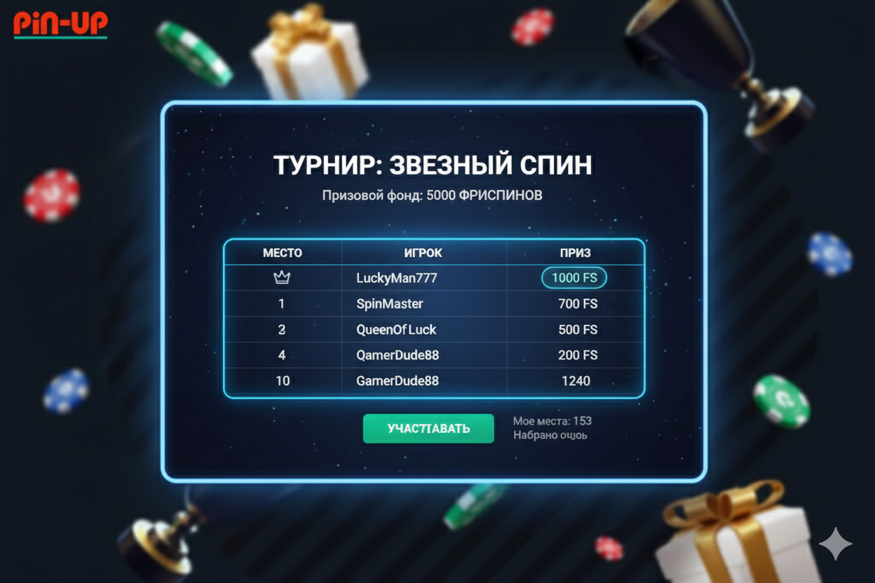 Pin Up платформасында жүлде ретінде фриспиндері бар турнирлік кестенің мысалы