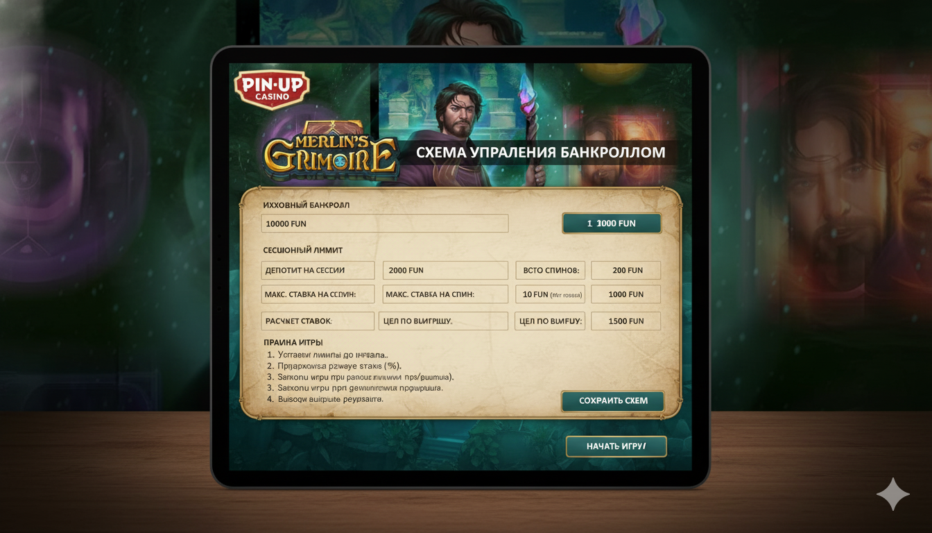 Схема управления банкроллом для игры в Merlin's Grimoire на Pin-Up с расчётом ставок и лимитов