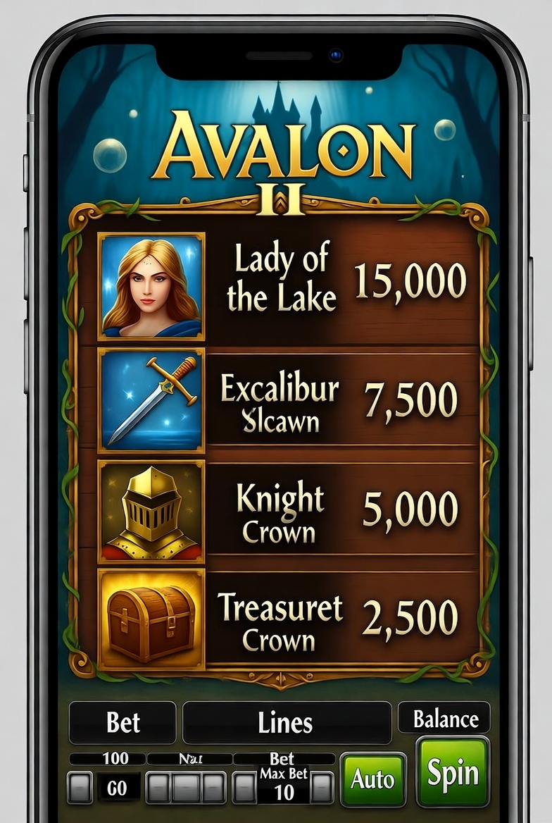 Смартфон экранындағы Pin-Up казиносындағы Avalon II слотының мобильді нұсқасы