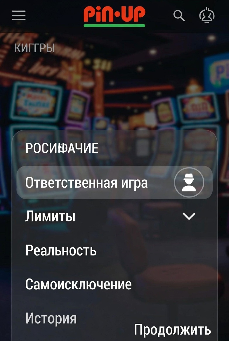 Pin-Up-da məsuliyyətli oyun parametrlərinin interfeysi