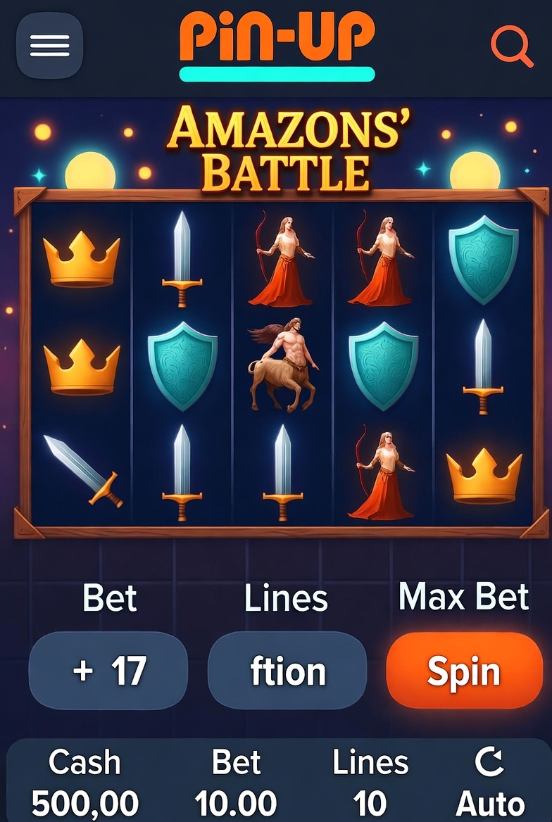 Pin-Up қосымшасындағы Amazons Battle слотының мобильді интерфейсі