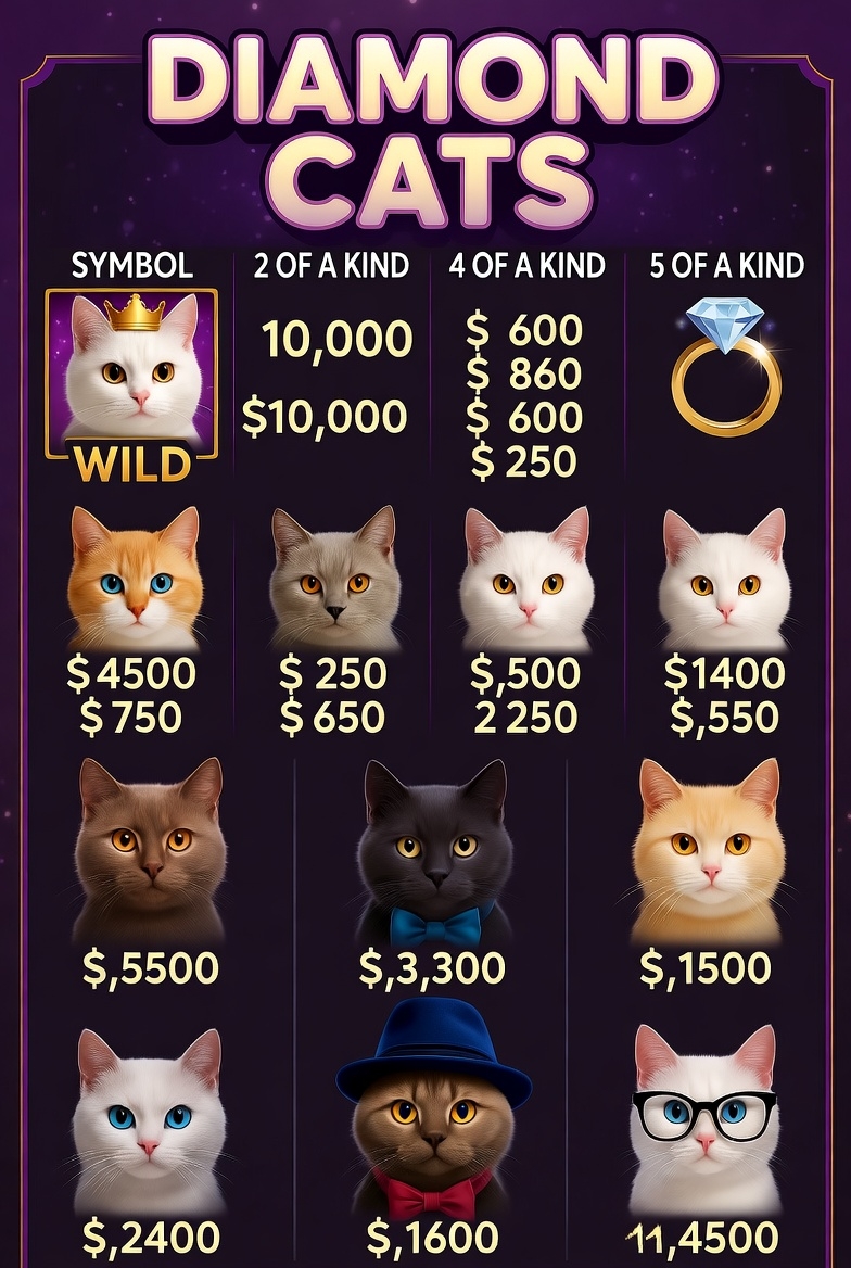 Таблица выплат слота Diamond Cats с изображением всех символов и их коэффициентов