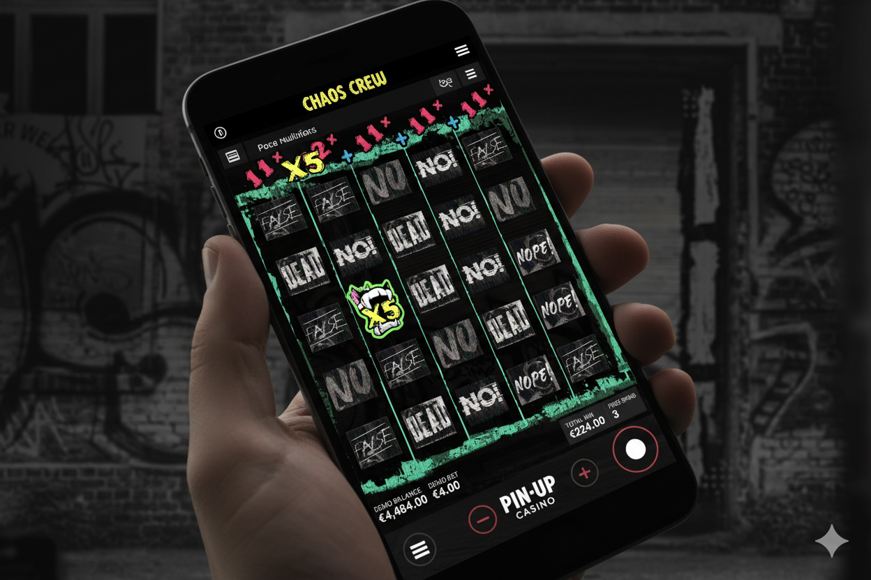 Смартфон экранындағы Pin-Up қосымшасындағы Chaos Crew слотының мобильді нұсқасы