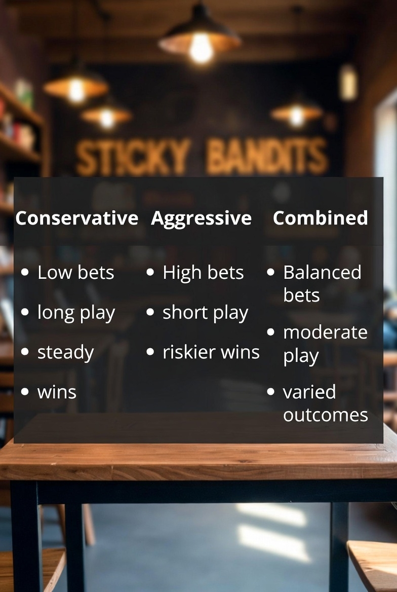 Sticky Bandits ойынының үш стратегиясының салыстырмалы кестесі: консервативті, агрессивті, комбинацияланған