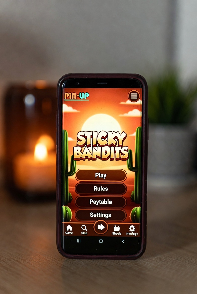 Көлденең бағдары бар смартфондағы Pin-Up-тағы Sticky Bandits мобильді нұсқасының интерфейсі