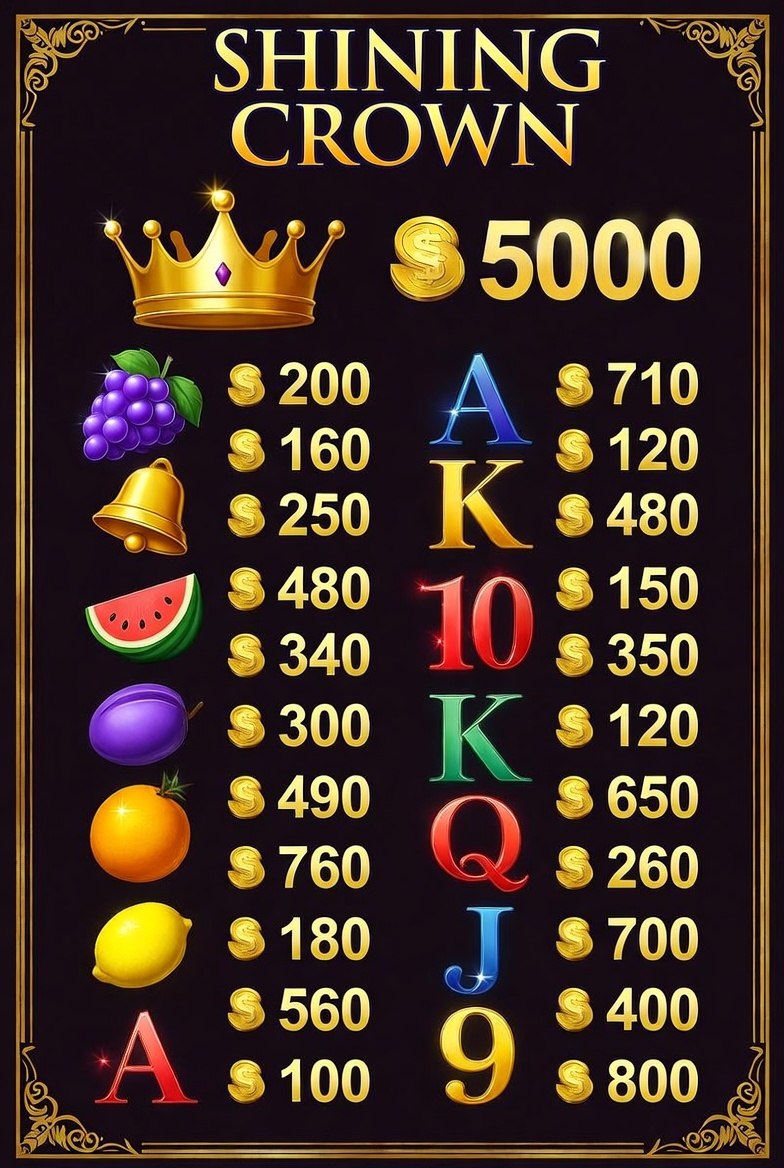 Коэффициенттері бар Shining Crown слоты символдарының төлемдер кестесі