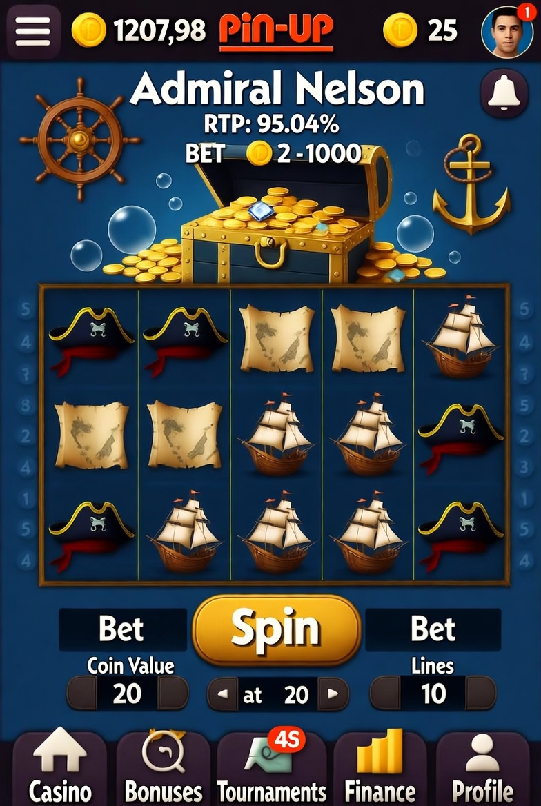 Pin-Up қолданбасындағы Admiral Nelson слотының мобильді нұсқасы