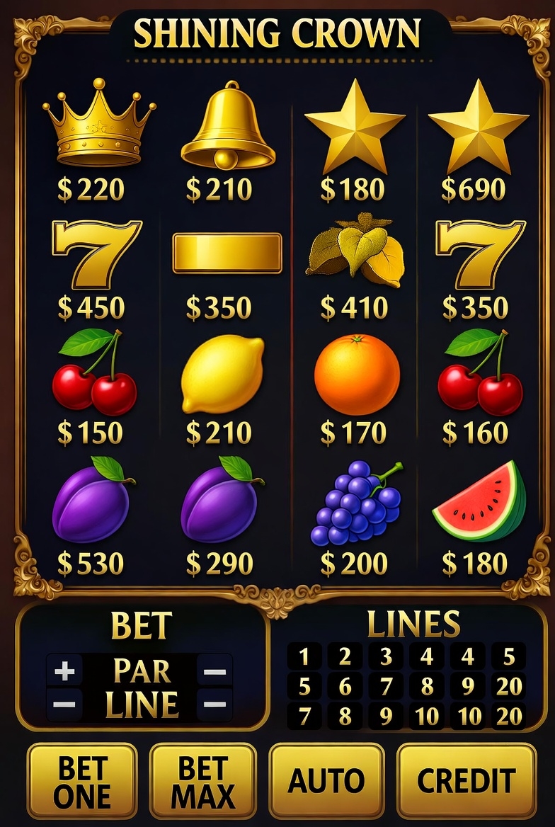 Shining Crown слотындағы ставкаларды және айналымдарды басқару интерфейсі