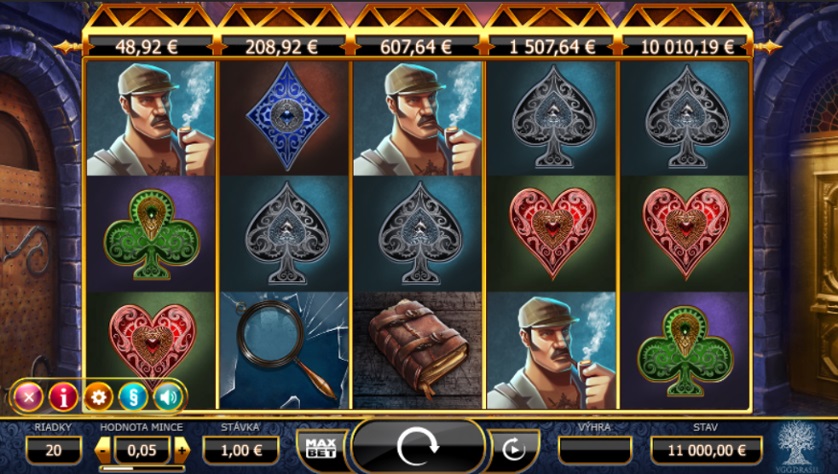 Bet settings and payout table in Holmes and the Stolen Stones slot