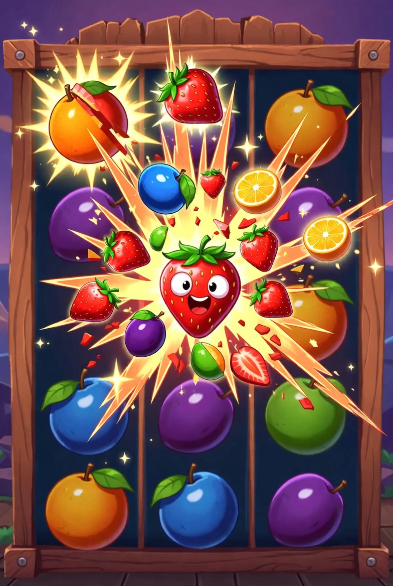 Jammin Jars ойыны кезінде жарылған жемістермен жеңісті кластер анимациясы