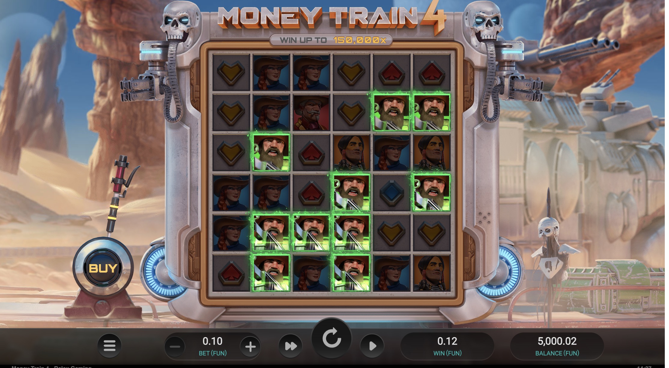 Барабандарда көбейткіштері бар белсенді Money Train 4 бонустық раунды