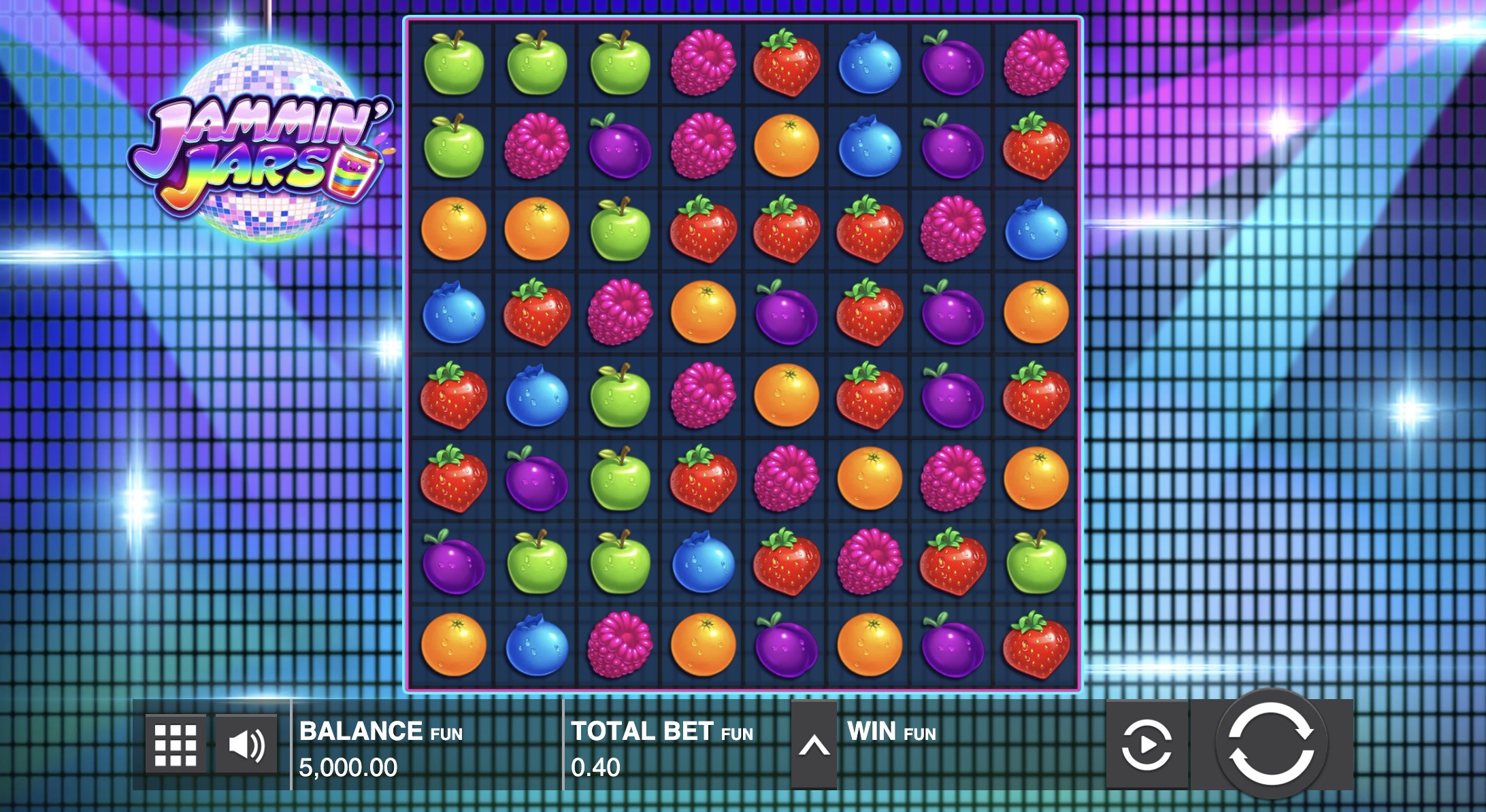 Жеміс символдарымен қоршалған Jammin Jars ойын алаңындағы x8 көбейткішті кемпірқосақ банка