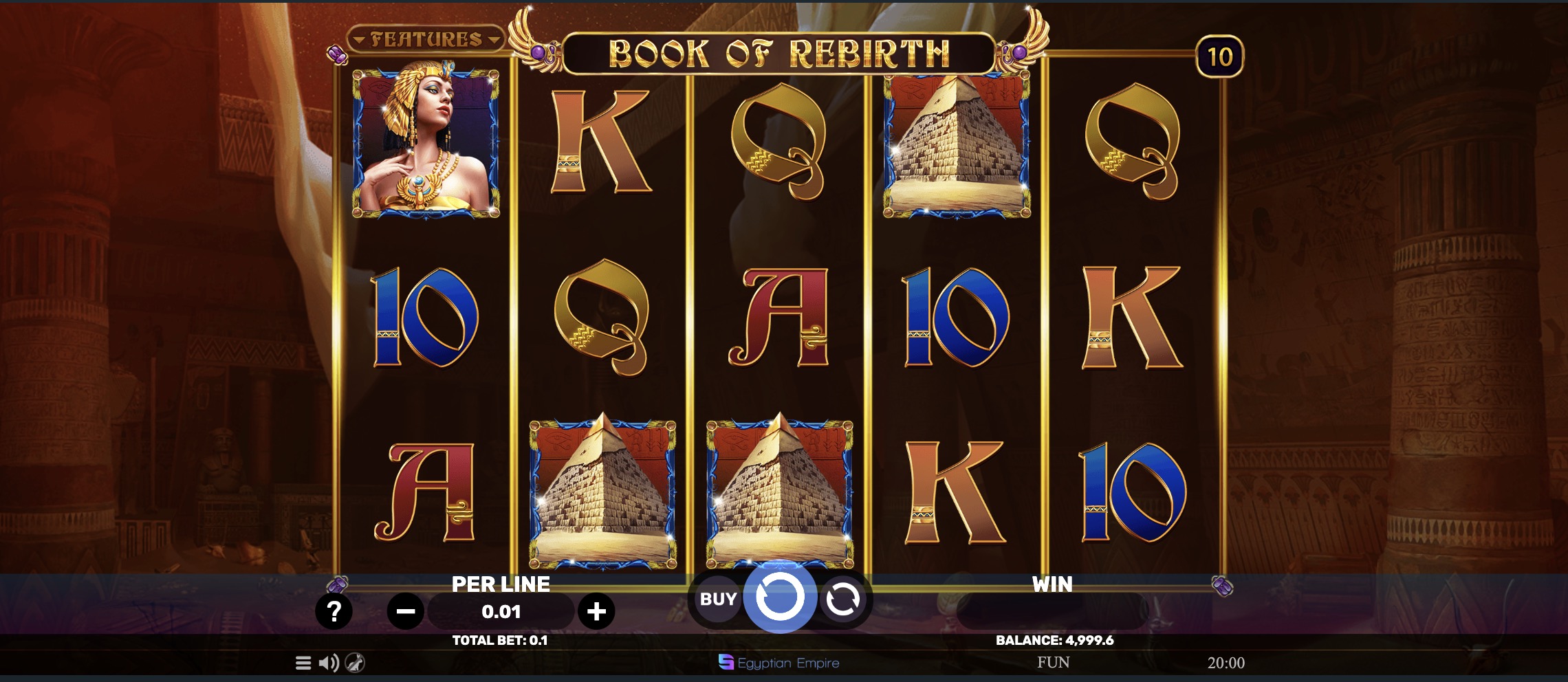Pin-Up Casino-да ставкаларды реттеуі бар Book of Rebirth слотының интерфейсі
