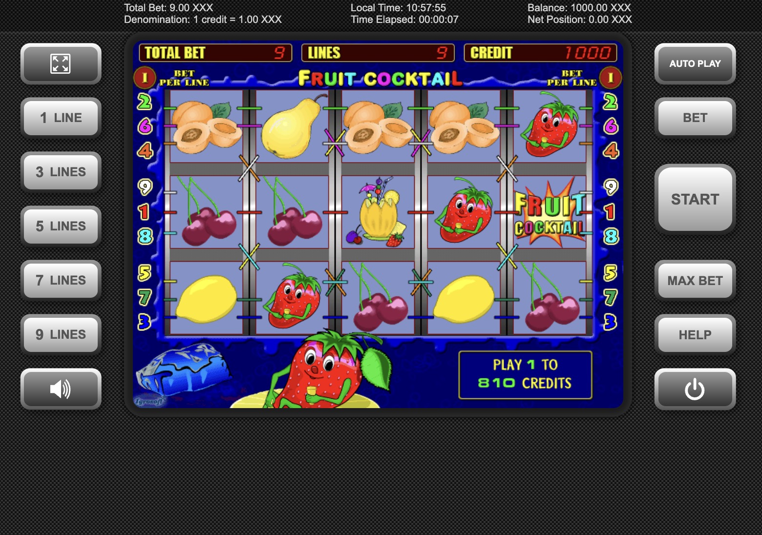 Pin-Up-тағы Fruit Cocktail слотының таңбалары мен төлемдер кестесі, коэффициенттері көрсетілген