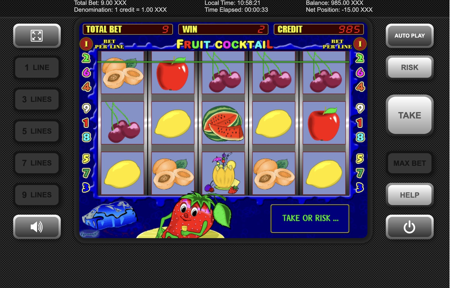 Карта түсін таңдаумен Fruit Cocktail Pin-Up-тағы бонус тәуекел-ойынының экраны